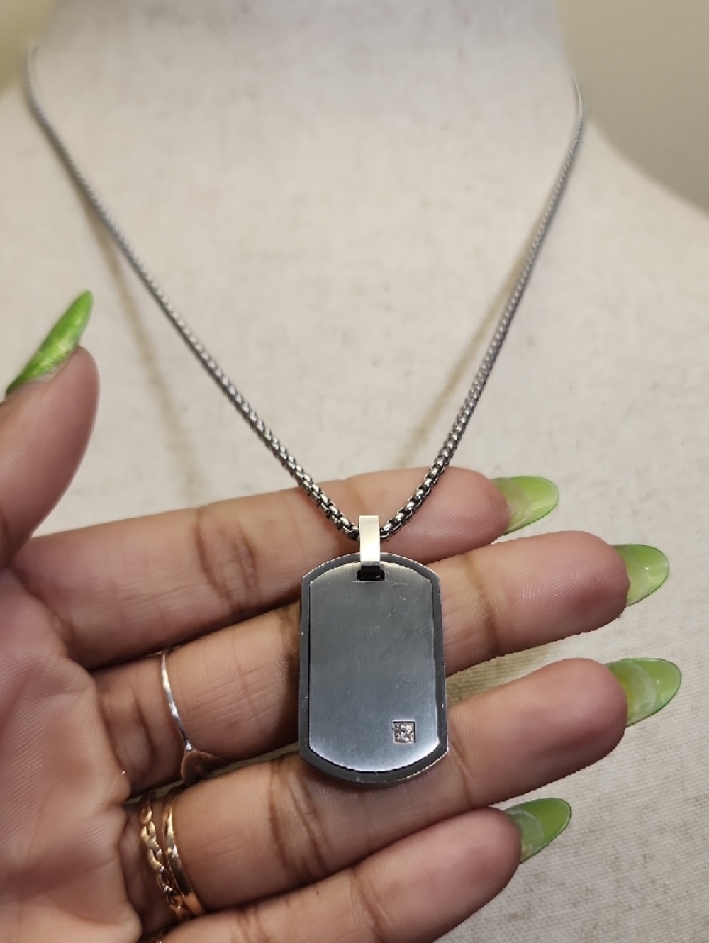 Geoffrey Beene Stainless Steel Dog Tag Pendant Necklace Faux Diamond - Picture 3 of 11